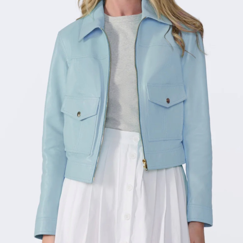 FURNIQ UK Flora Light Blue Leather Cropped Jacket NWT XL